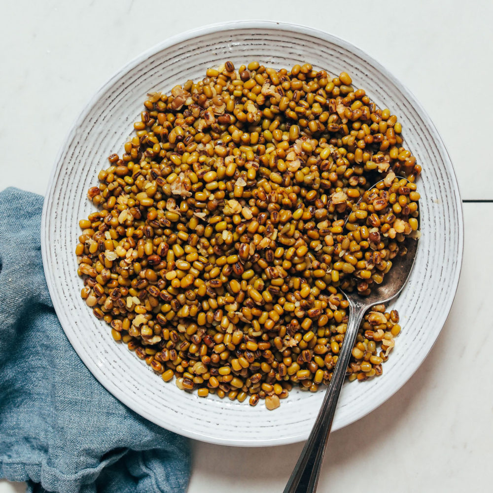 Bowl of green mung beans cooked in the Instant Pot
