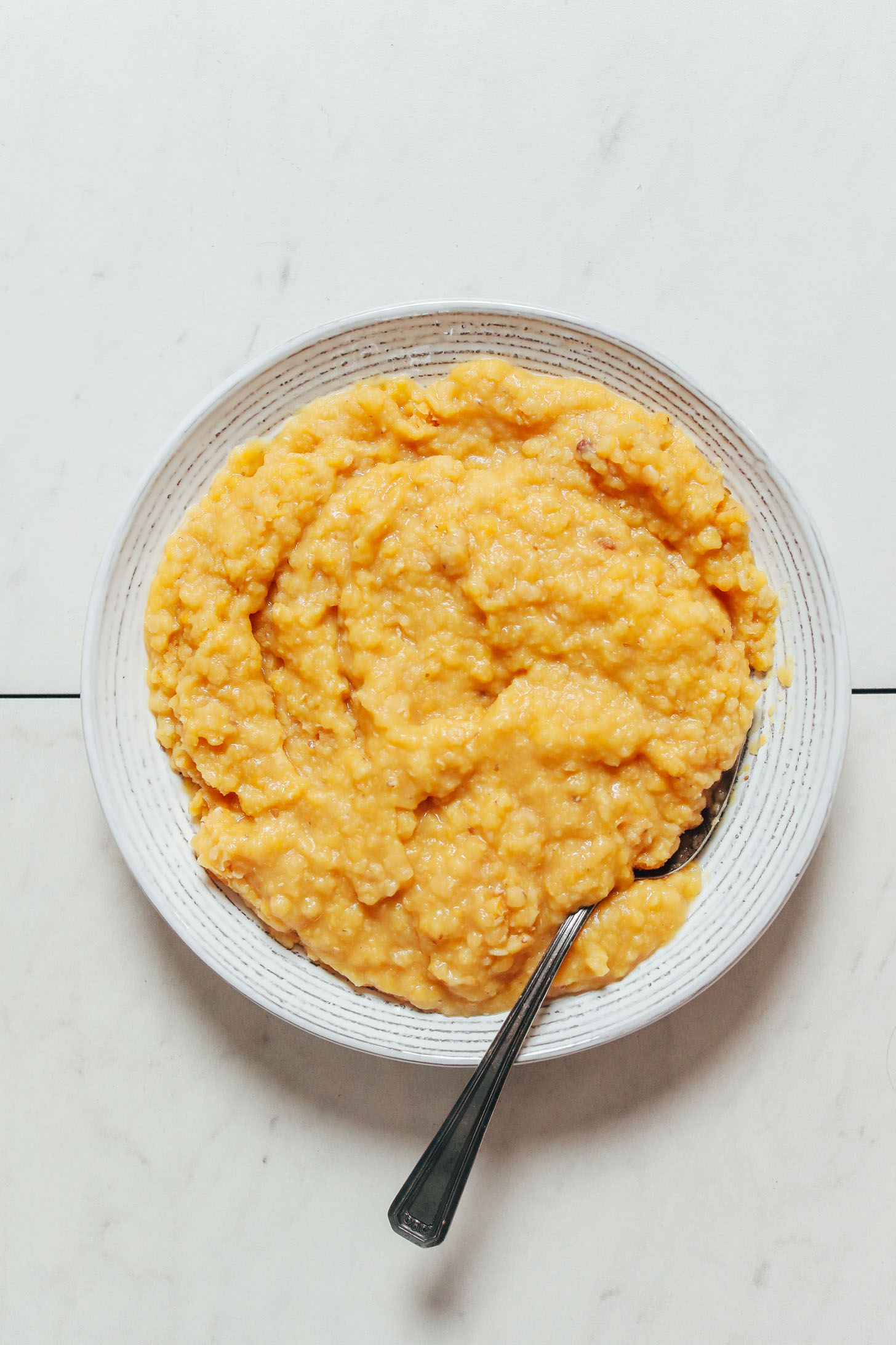Spoon in a bowl of cooked red lentils
