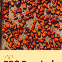 Baking sheet of sweet potato croutons
