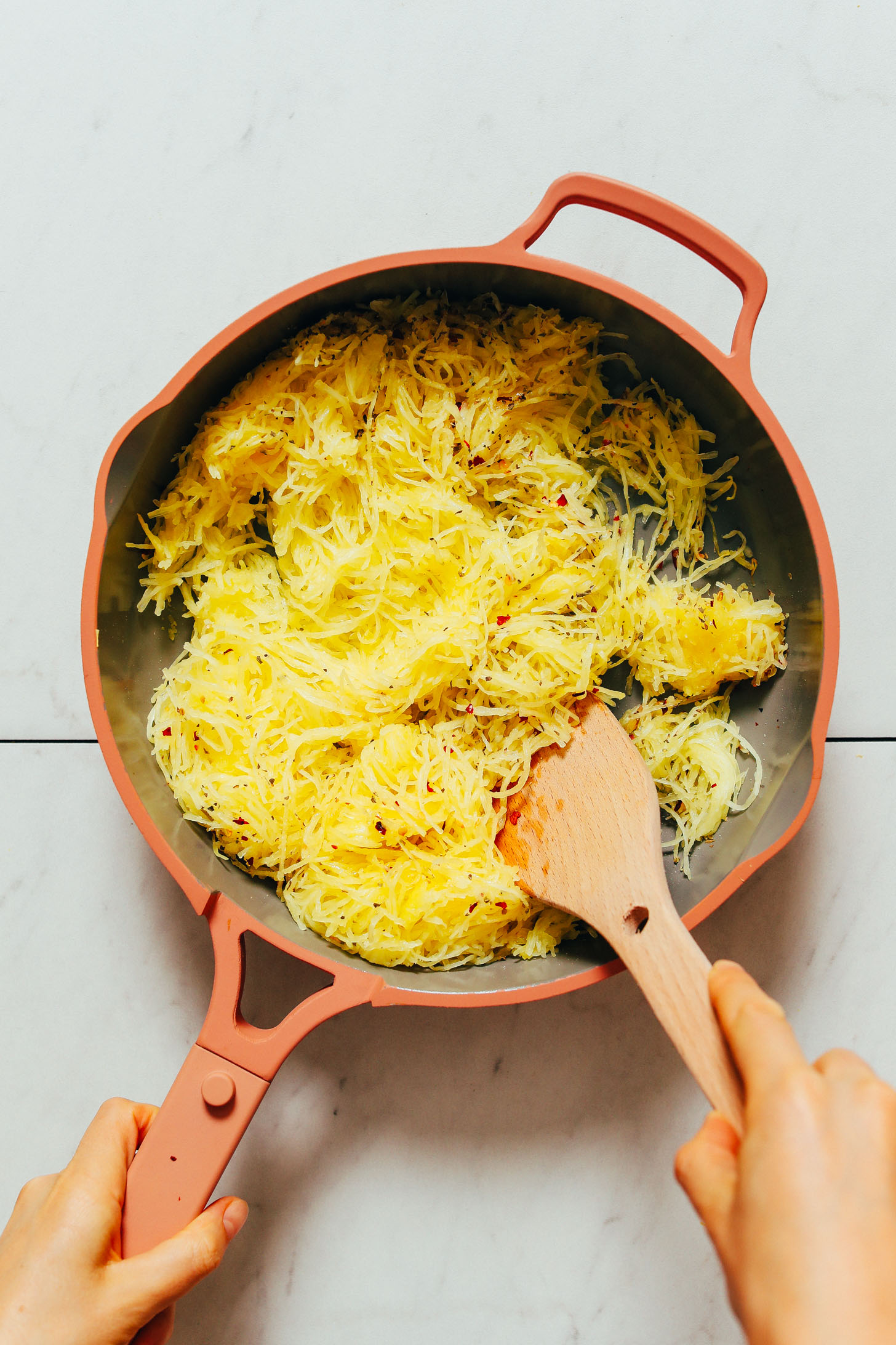 Pan of spaghetti squash noodles