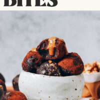 Bowl of No-Bake Brownie Bites with text above them that says dairy-free