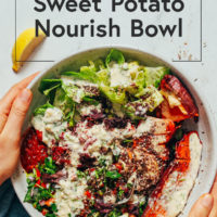 Hands holding a Garlic & Herb Sweet Potato Nourish Bowl