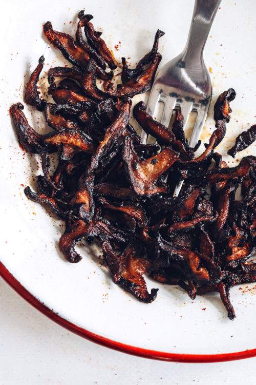 Plate of crispy vegan shiitake bacon