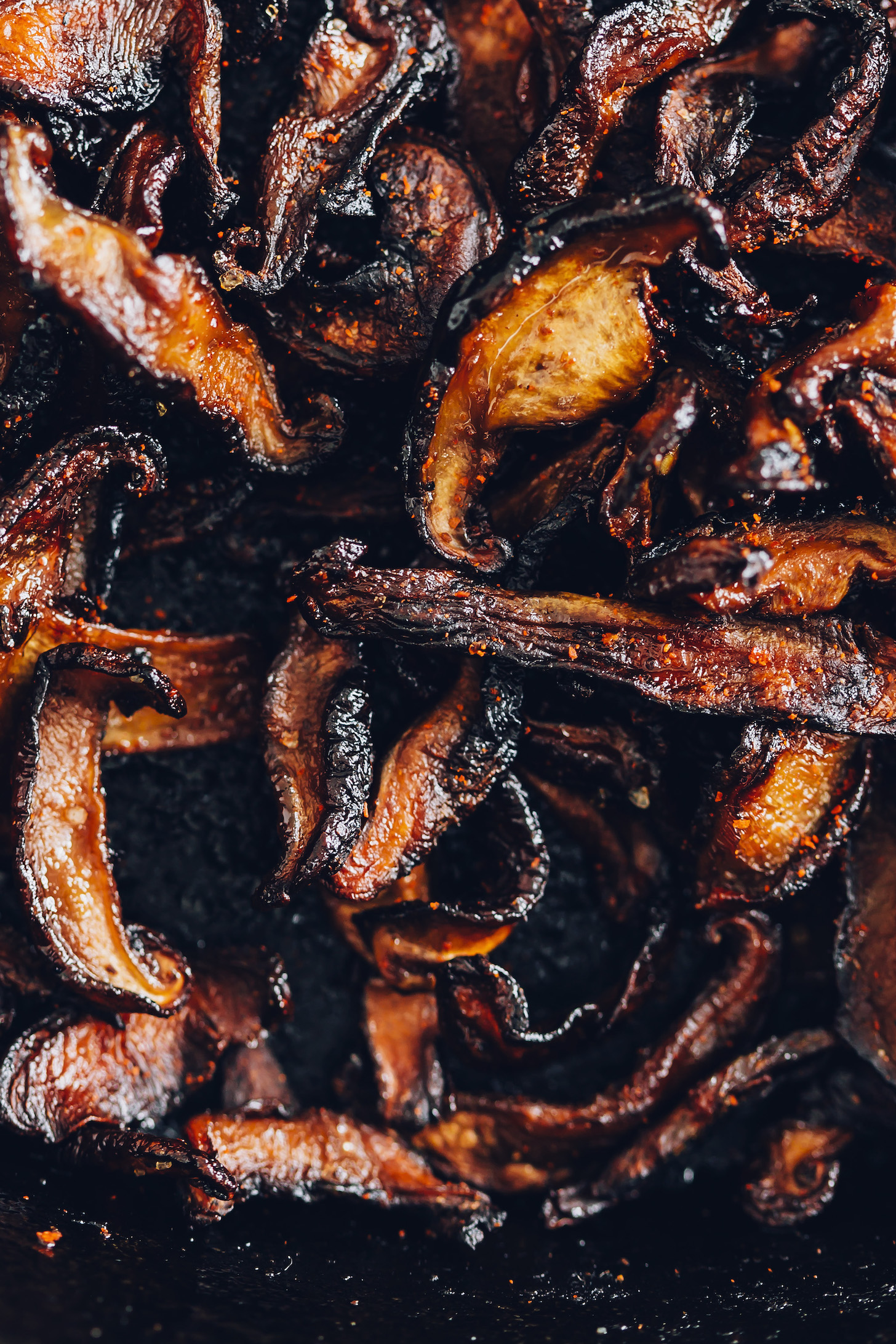 Close up shot of crisp vegan mushroom bacon