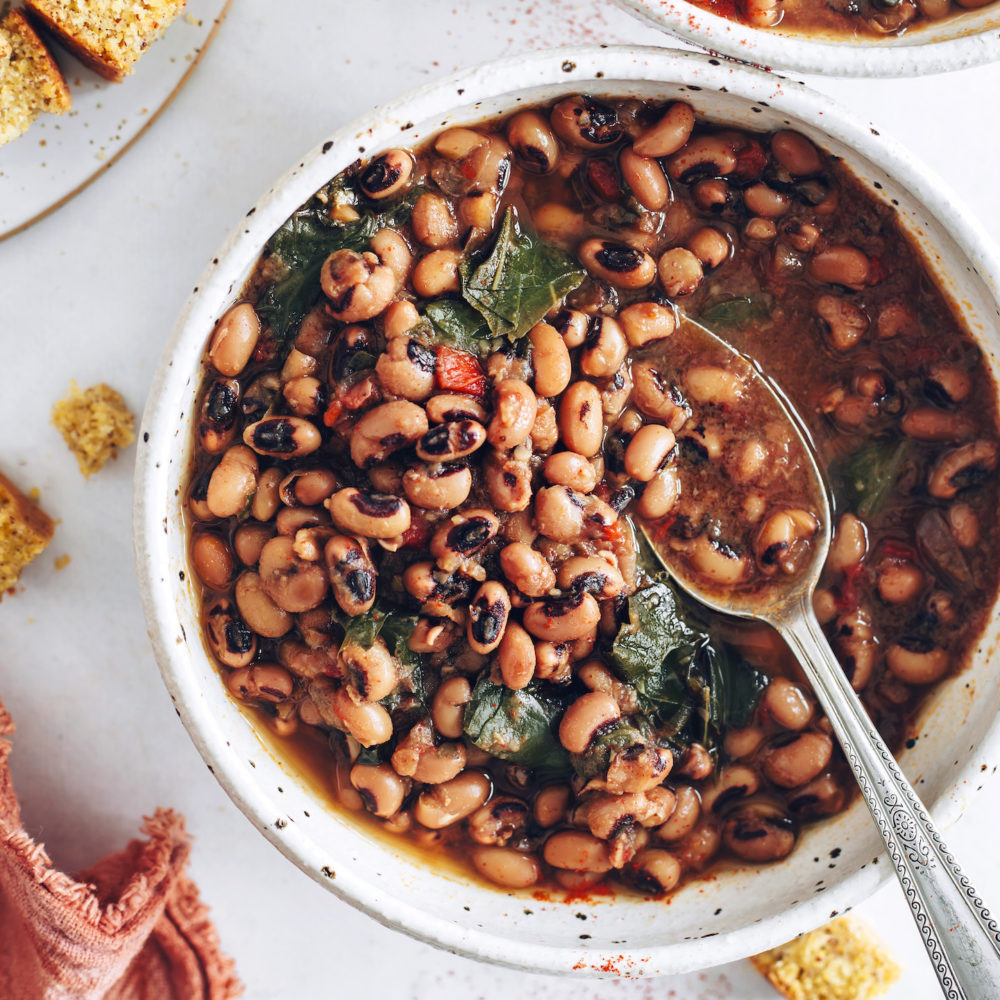 Bowl of smoky black eyed peas and collard greens