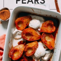 Pan of easy baked pears with vegan ice cream