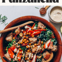 Bowl of our vegan rosemary roasted root vegetable panzanella salad