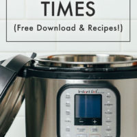 Open Instant Pot with text reading Instant Pot Cooking Times Free Download and Recipes