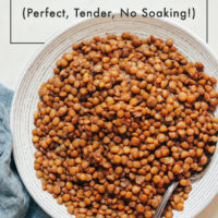 Spoon in a bowl of perfectly cooked green lentils