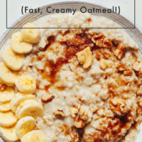Bowl of Instant Pot oats topped with walnuts, banana, and sugar