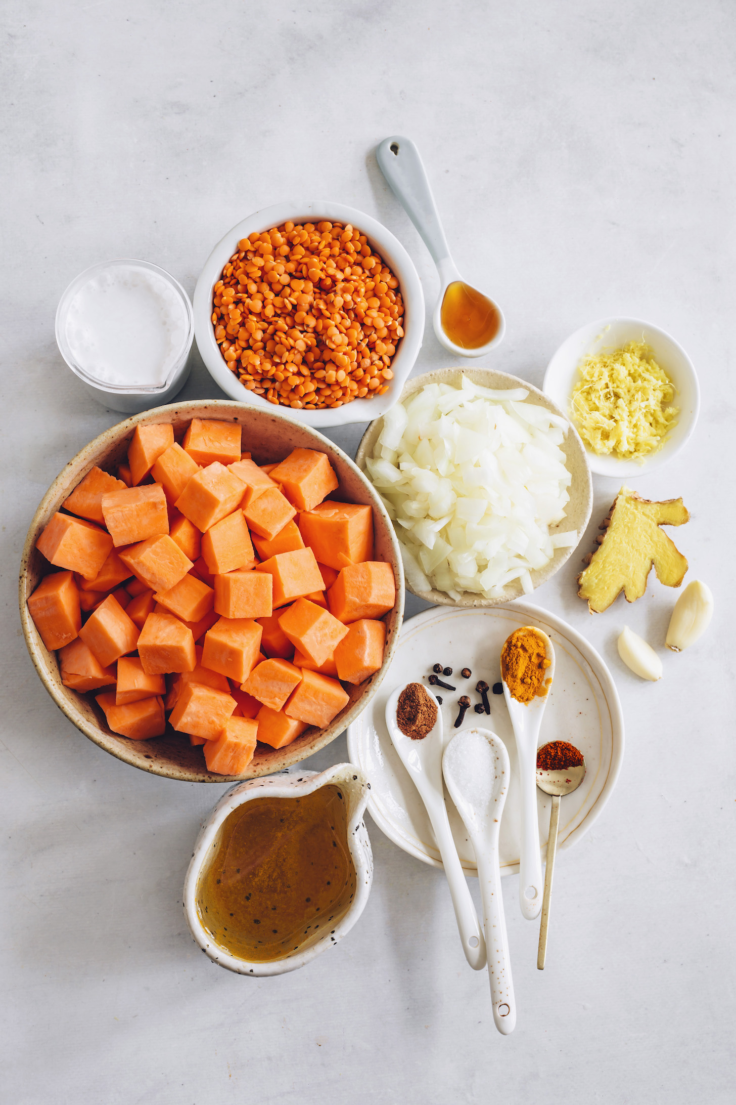 Coconut milk, sweet potato, red lentils, onion, ginger, spices, and vegetable broth