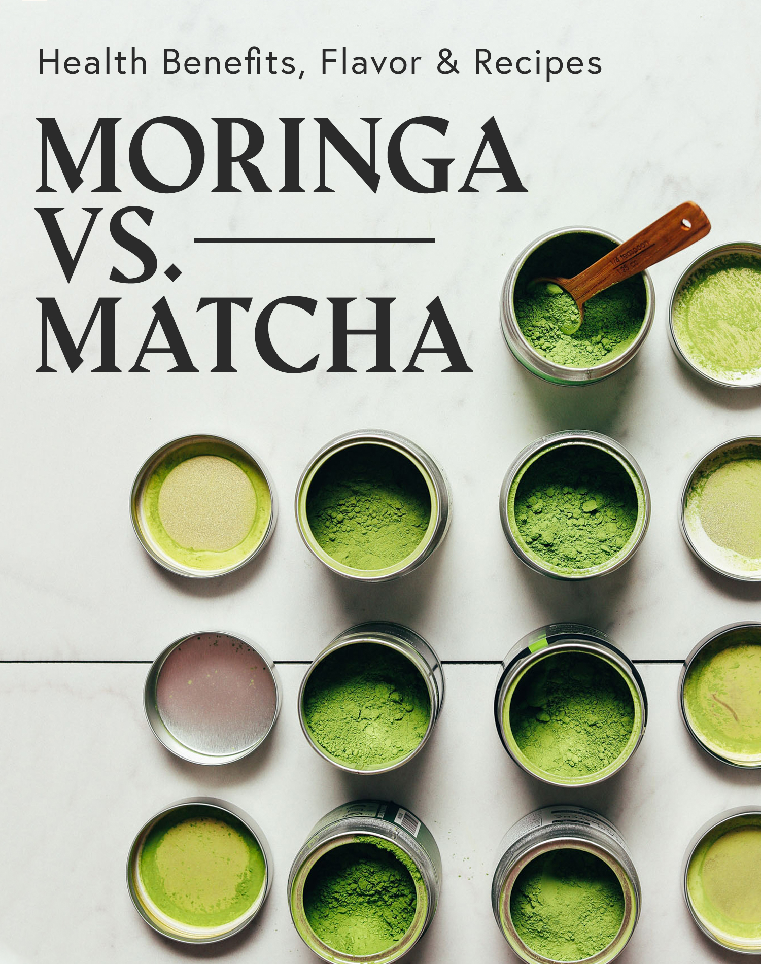 Jars of matcha for our comparison of matcha vs. moringa
