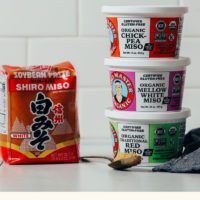 Spoonful and tubs of chickpea, white, and red miso