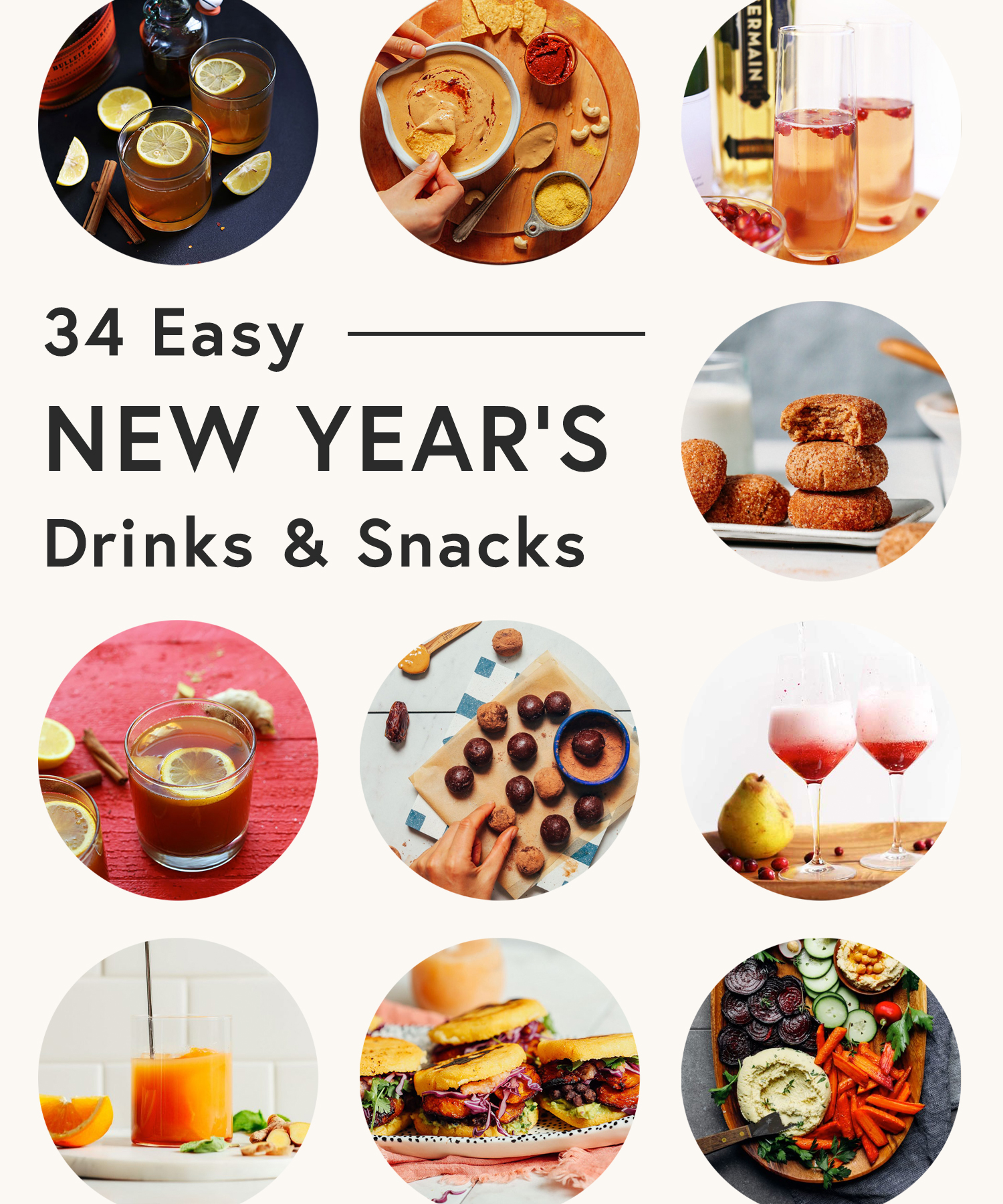 Assortment of snacks and drinks perfect for New Year's parties and beyond