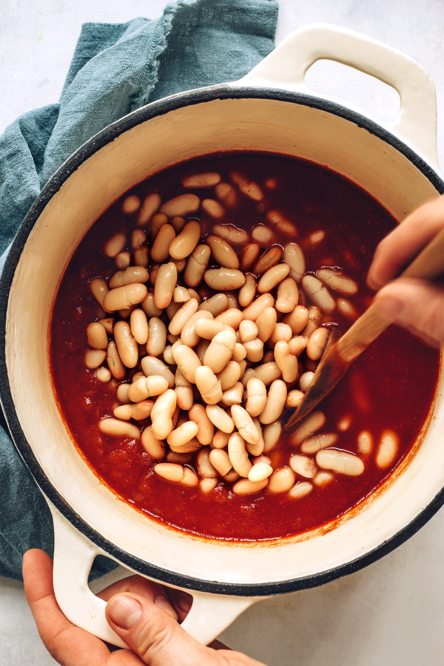 White cannellini beans in a tomato-based sauce