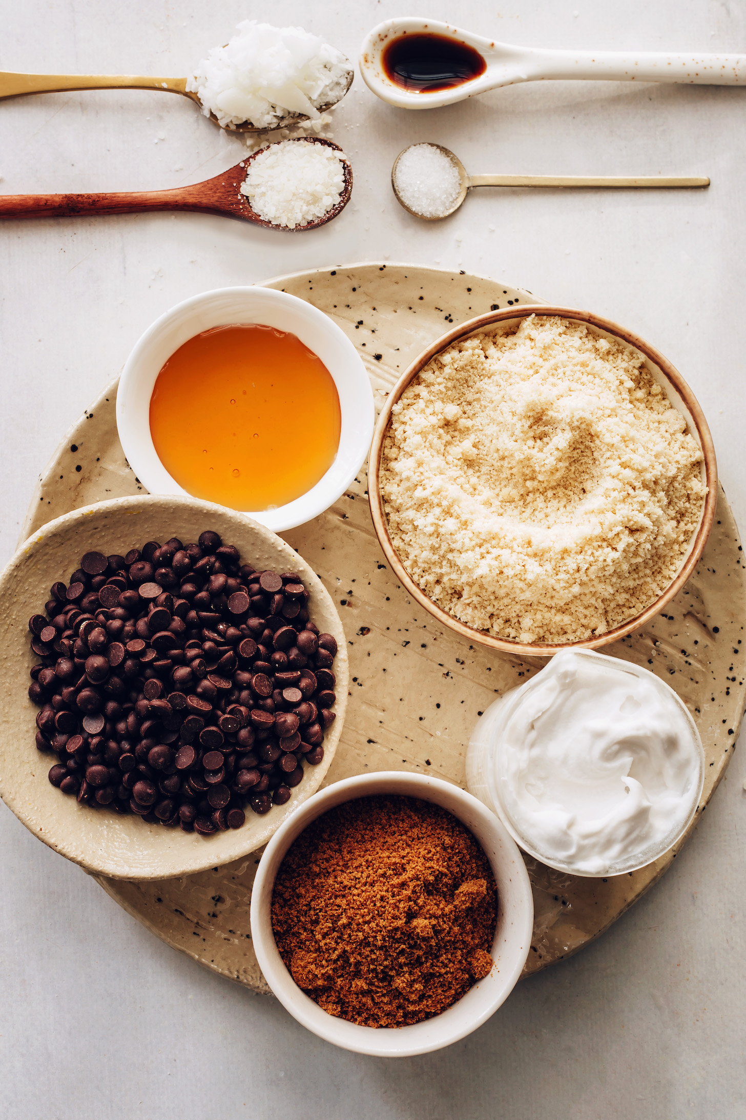 Almond flour, coconut milk, coconut sugar, maple syrup, and chocolate chips