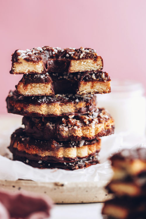 Stack of gluten-free vegan Samoa cookies