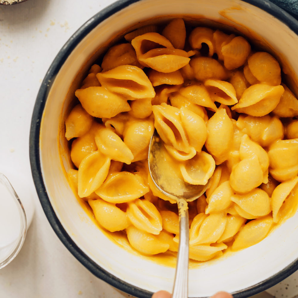 Pot of vegan mac and cheese that tastes like Kraft shells and cheddar