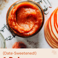 Top down shot of a jar of homemade apple butter