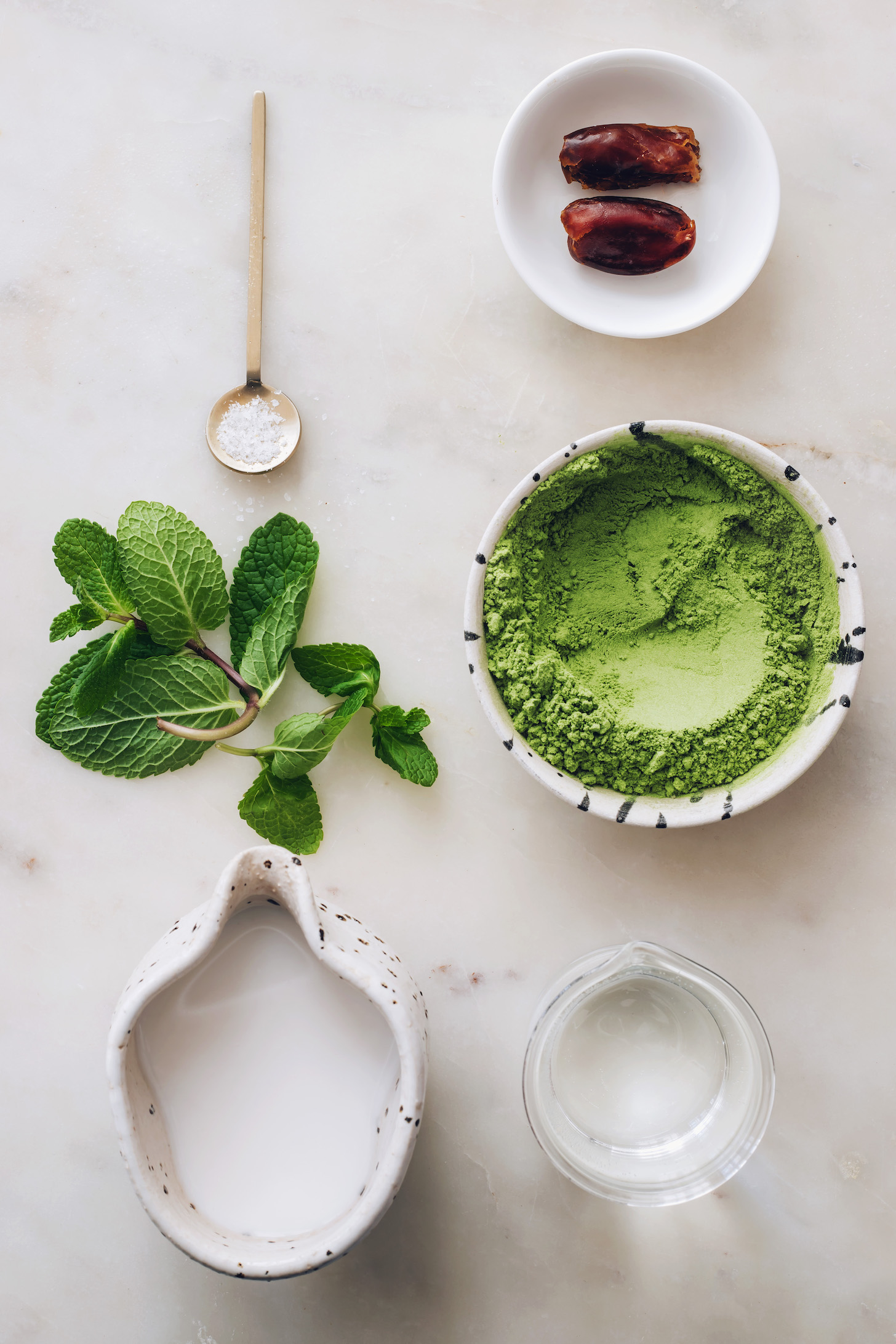 Sea salt, fresh mint leaves, coconut milk, dates, matcha powder, and water