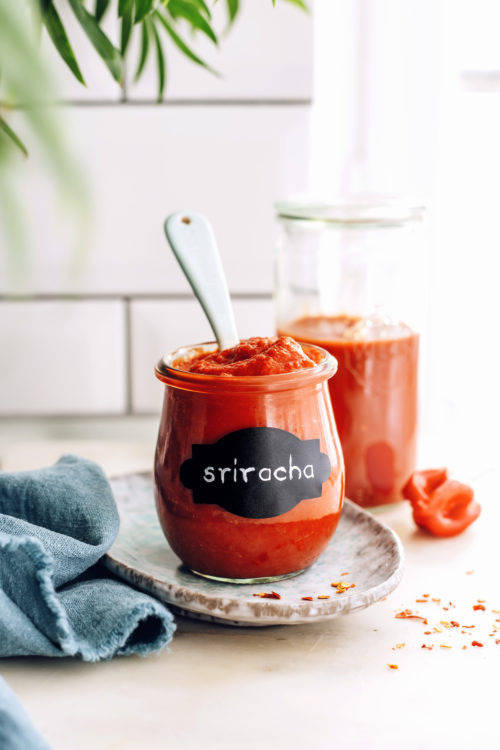 Jars of our easy homemade sriracha recipe