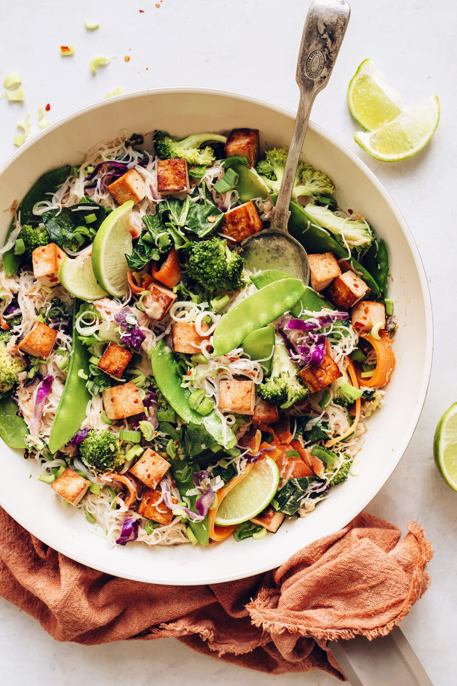 Big bowl of our vegan stir fry with spring vegetables and tofu