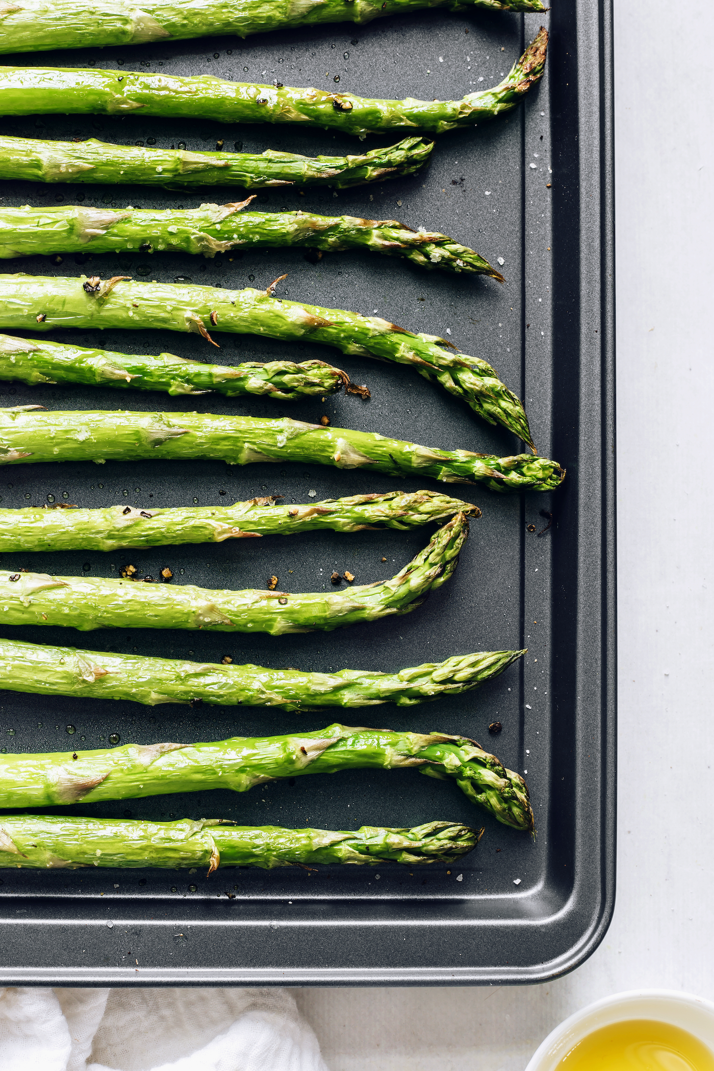 Baking sheet of perfect roasted asparagus