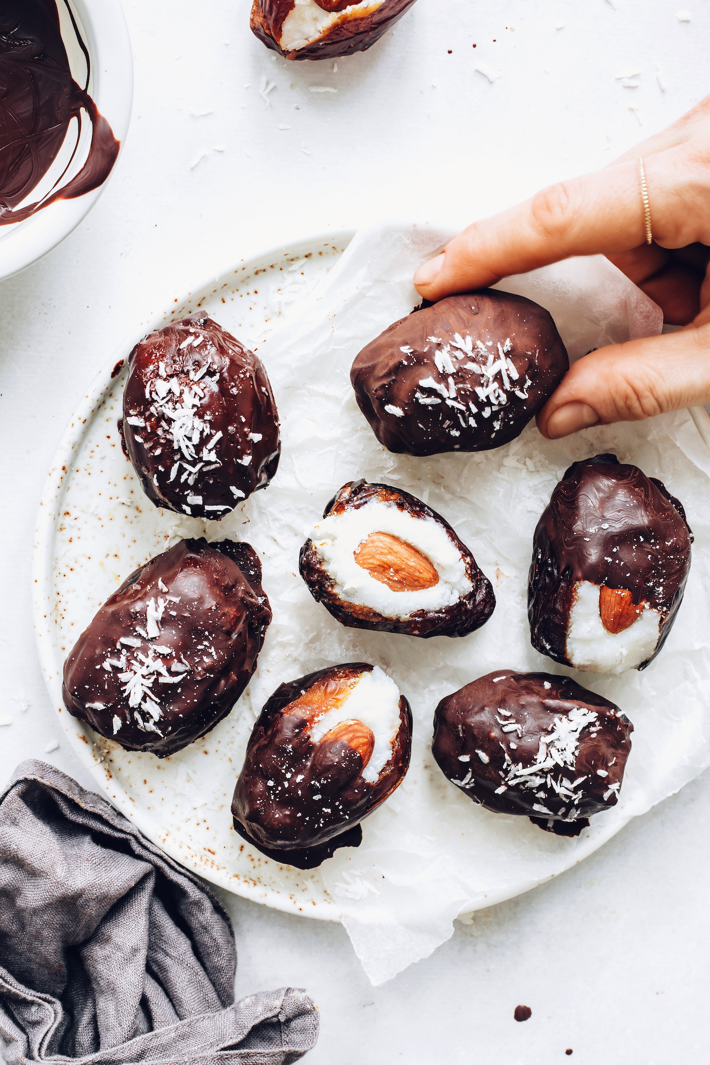 Plate of almond joy stuffed dates