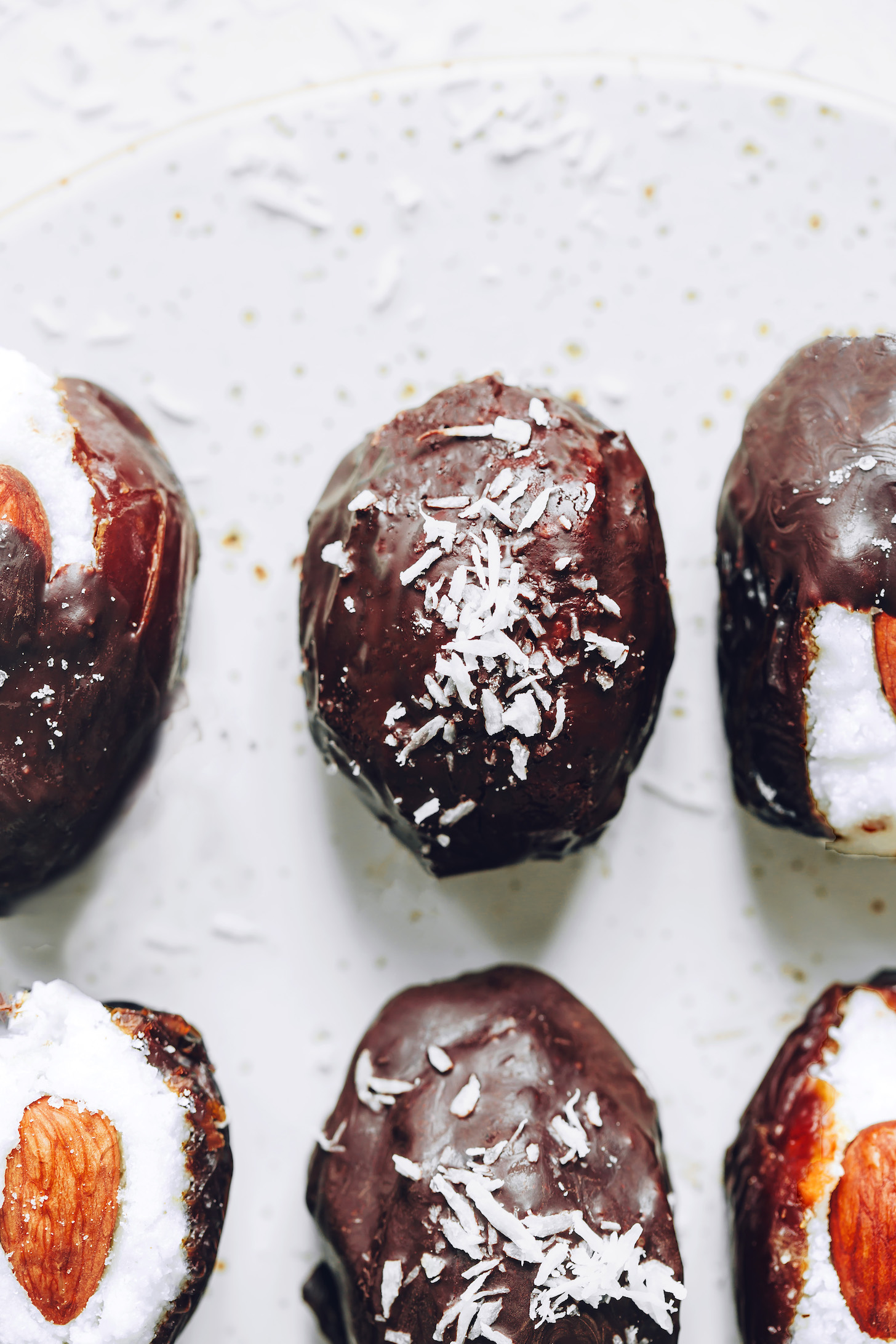 Top view of almond joy stuffed dates