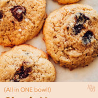Vegan chocolate chip cookies on a baking sheet