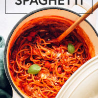 Dutch oven filled with vegan spaghetti