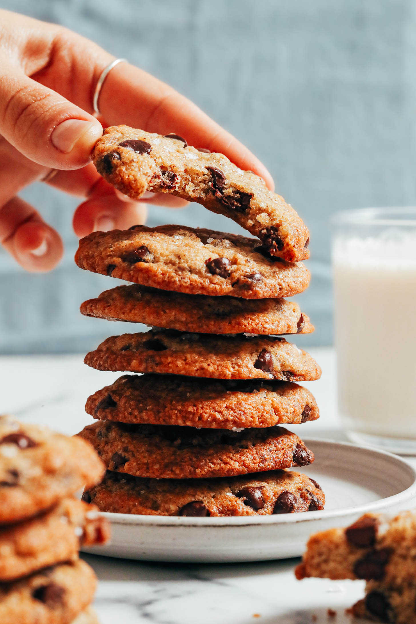 Tall stack of vegan chocolate chip cookies