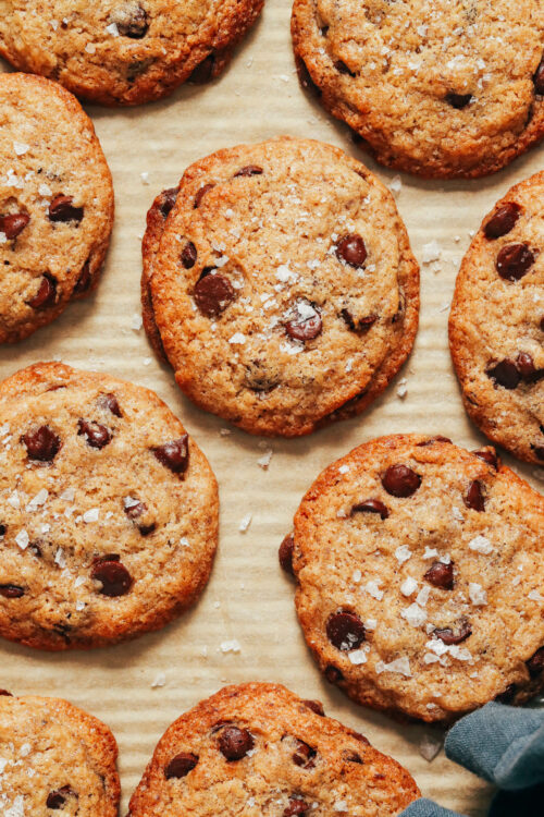 Classic vegan chocolate chip cookies sprinkled with sea salt
