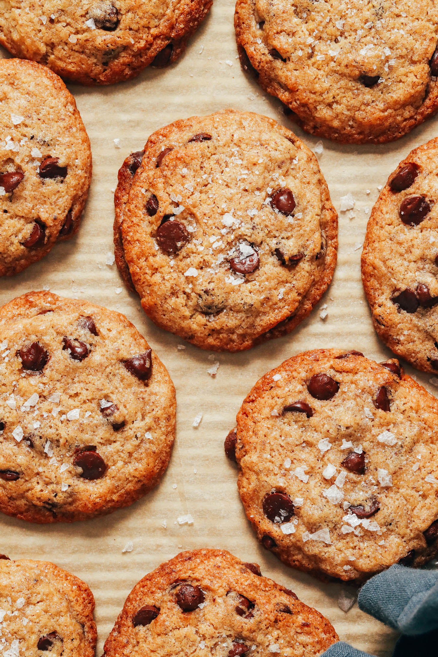 Classic vegan chocolate chip cookies sprinkled with sea salt