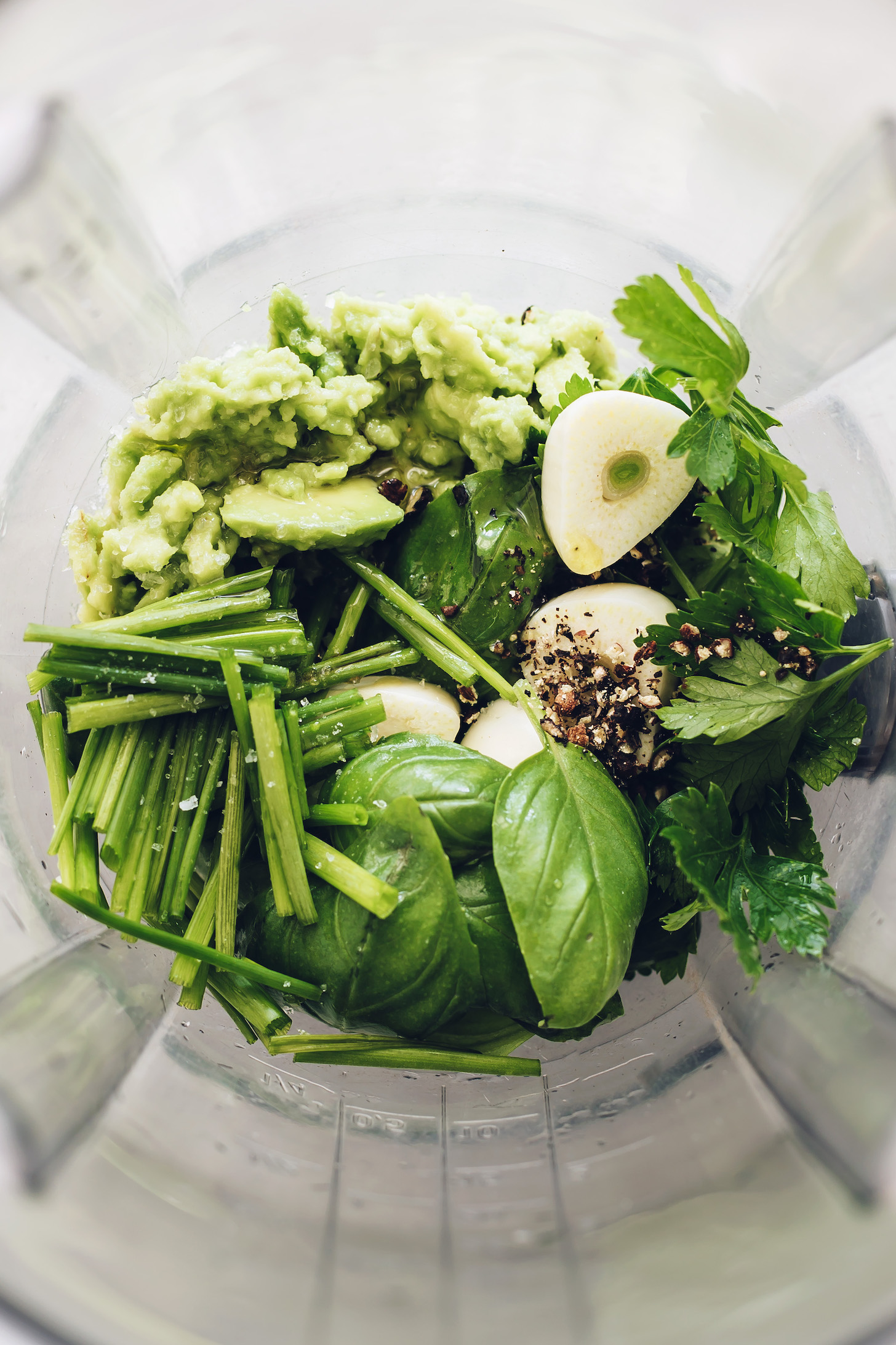 Blender with fresh parsley, basil, black pepper, chives, garlic, and avocado