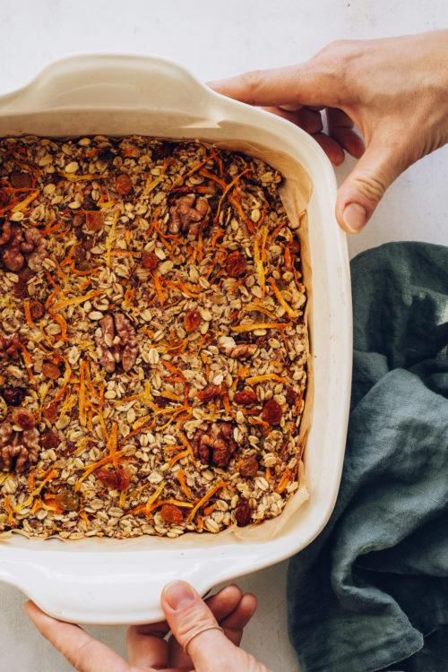 Pan of carrot cake baked oatmeal