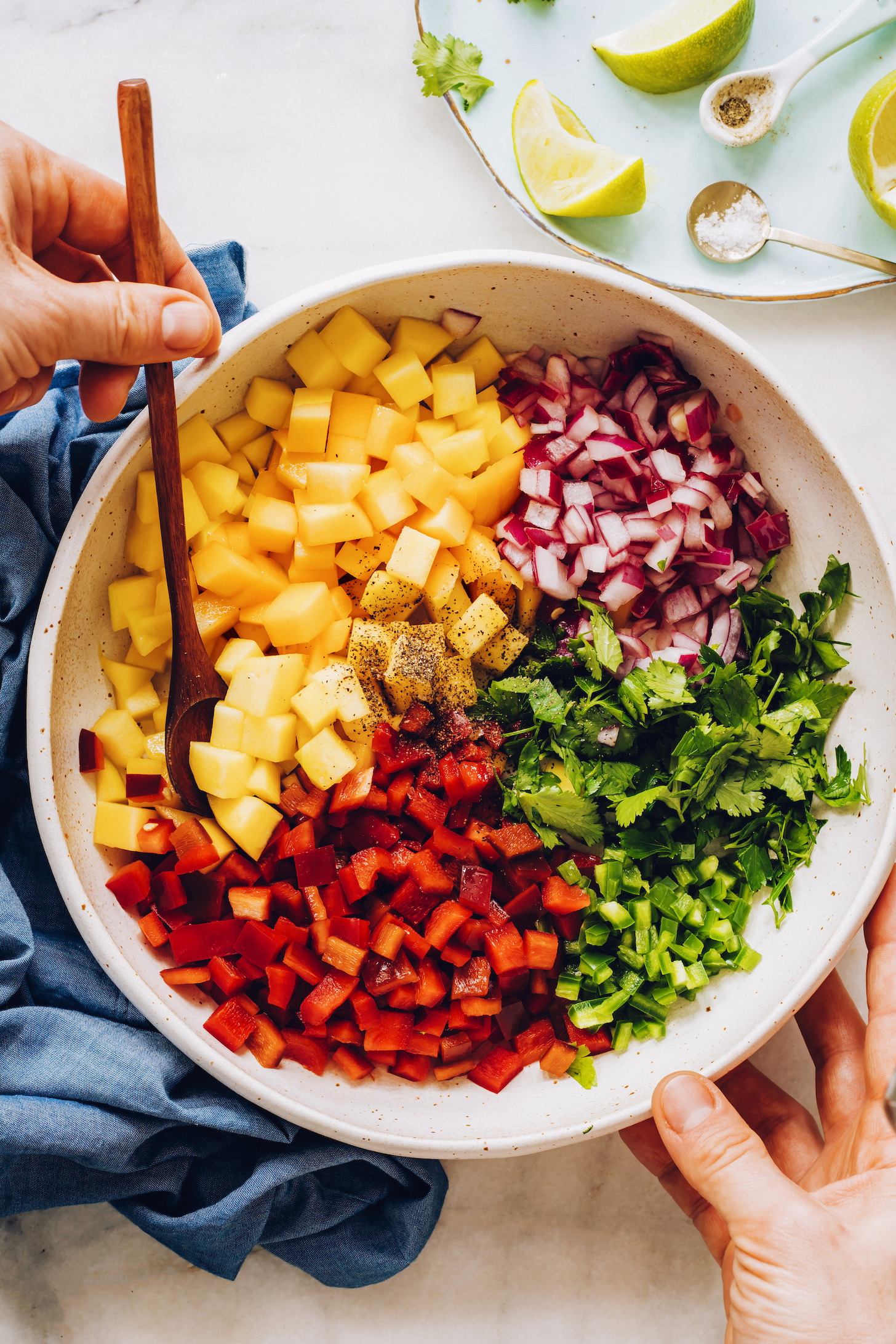 Bowl of chopped mango, bell pepper, jalapeño, cilantro, and red onion