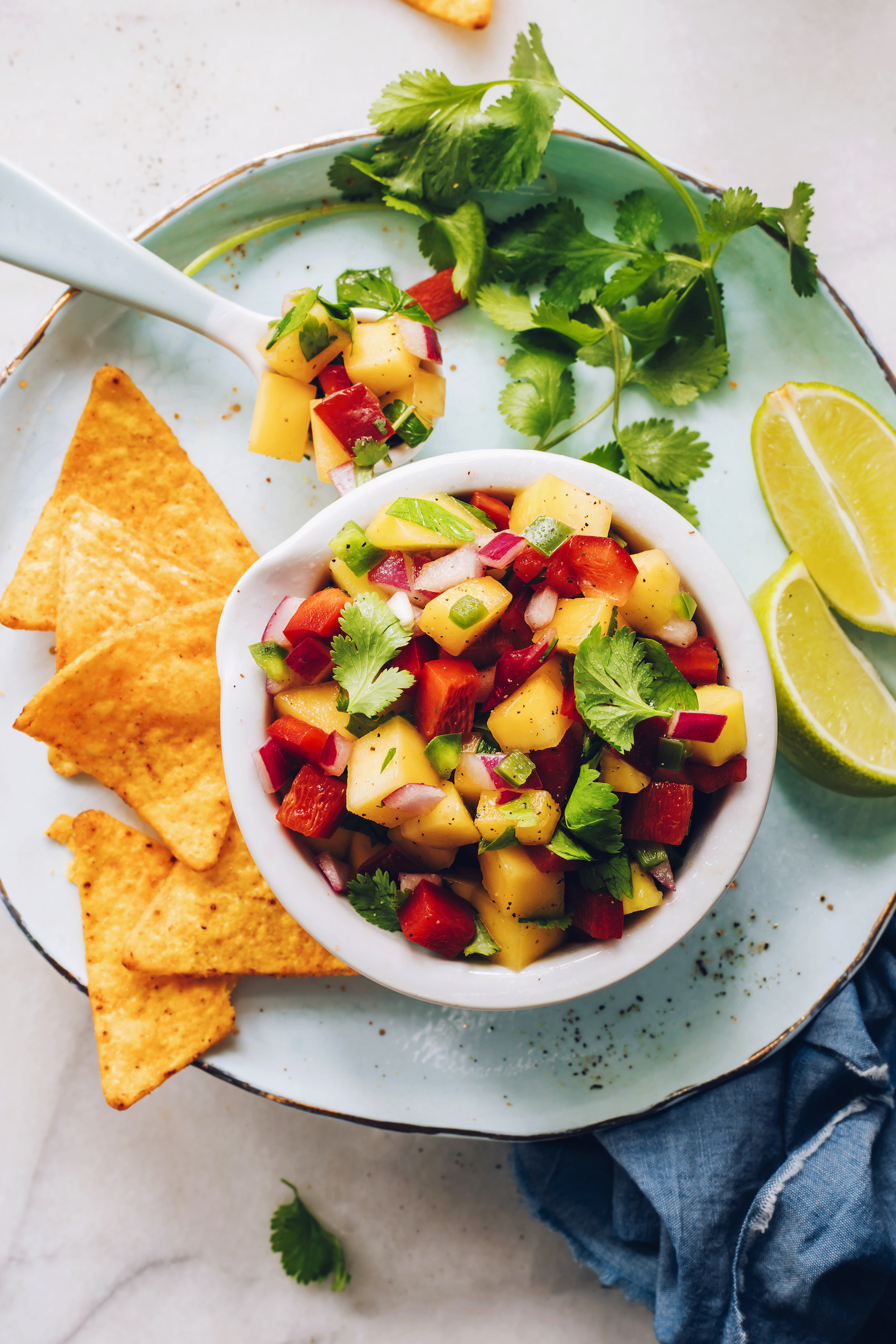 Spoonful and bowl of mango salsa surrounded by tortilla chips, cilantro, and lime wedges