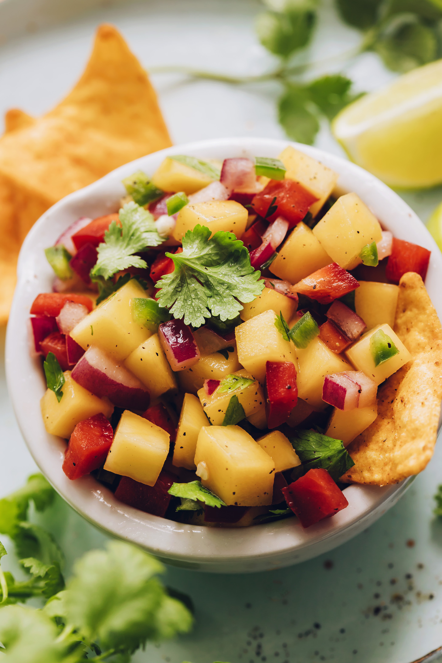 Bowl of our easy mango salsa topped with fresh cilantro