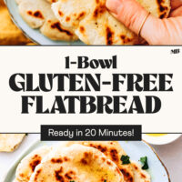Pieces of gluten-free flatbread on a plate and being torn apart in hands with text that says 1 bowl and ready in 30 minutes