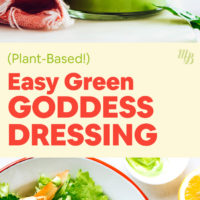 Jar of green goddess dressing and plate of salad