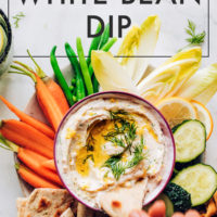 Dipping a chip into a bowl of white bean dip