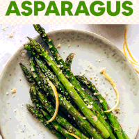 Plate and pan of perfect roasted asparagus