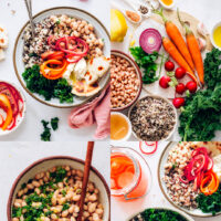 Photos of our spring buddha bowl, the ingredients used to make it, and a bowl of marinated white beans