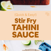 Jar and bowl of our tahini stir fry sauce
