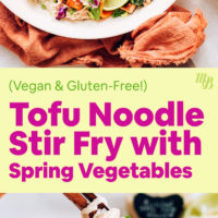 Bowls of tofu noodle stir fry with spring vegetables and tahini sauce