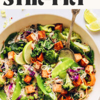 Skillet of Tofu Noodle Stir-Fry with spring vegetables, noodles, and tahini stir-fry sauce