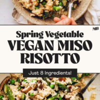 Bowl and pan of our Spring Vegetable Vegan Miso Risotto with text that says just 8 ingredients