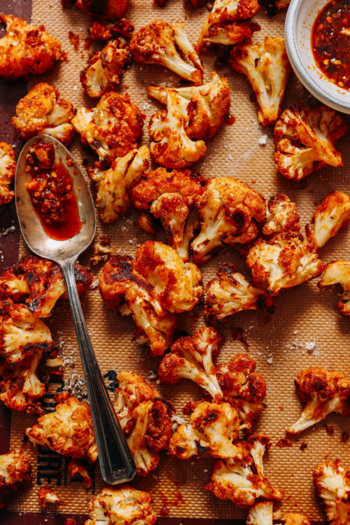 Baking sheet of general tso's cauliflower
