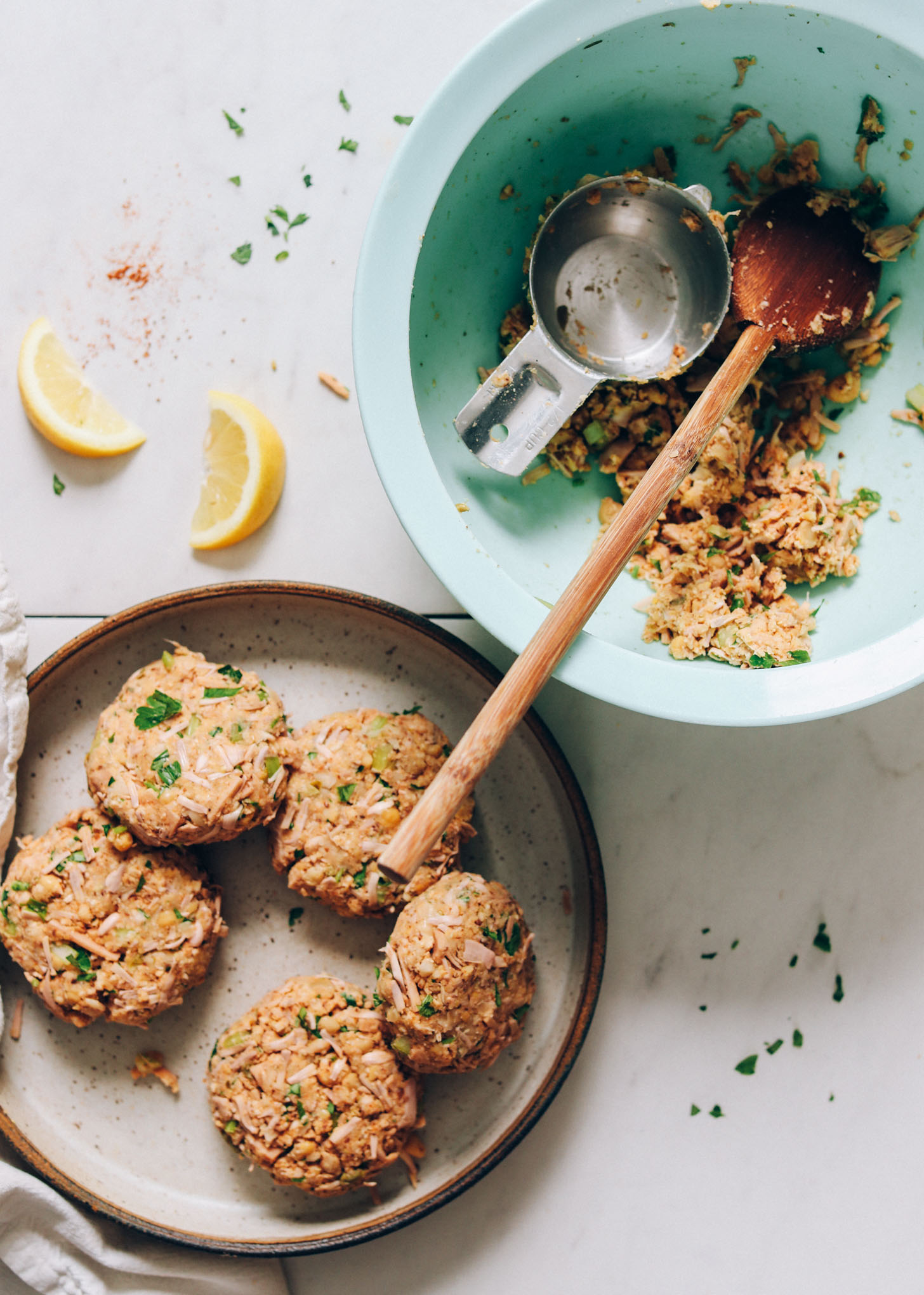 Bowl and plate of vegan crab cakes before cooking